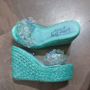 Lemon Drop By Privileges Greenish/Turquoise Wedge Sandals